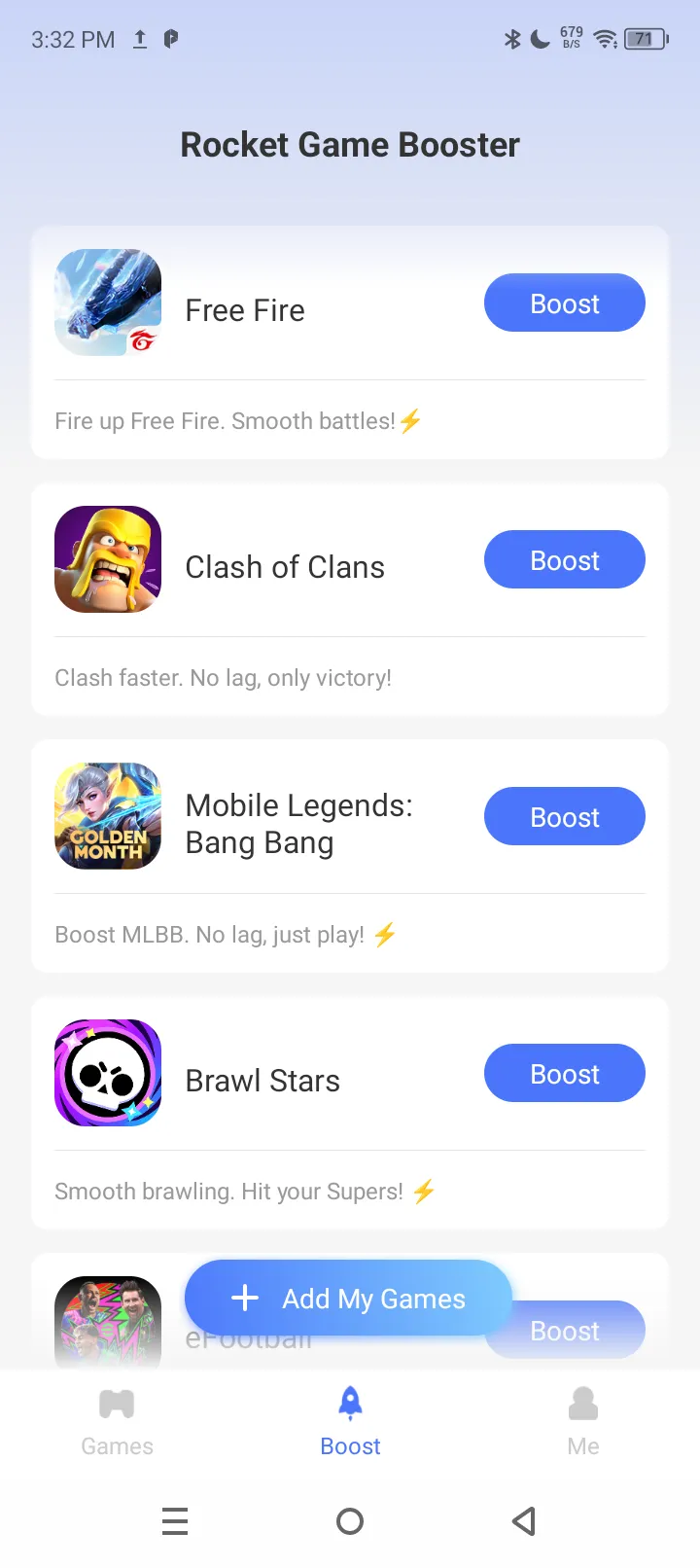 Add FREE FIRE and tap the one-click boost button